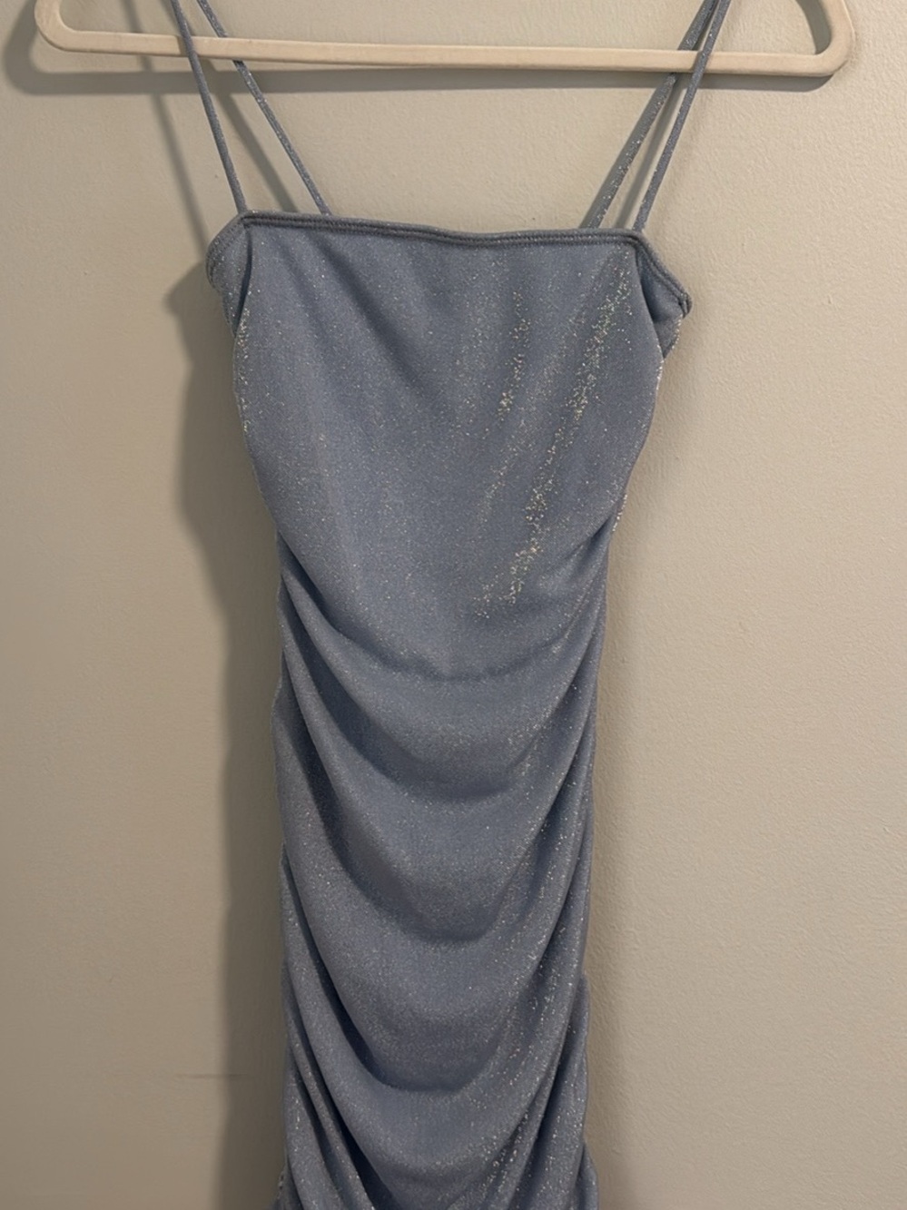 Windsor Light Blue Glitter Ruched Slip Midi Dress